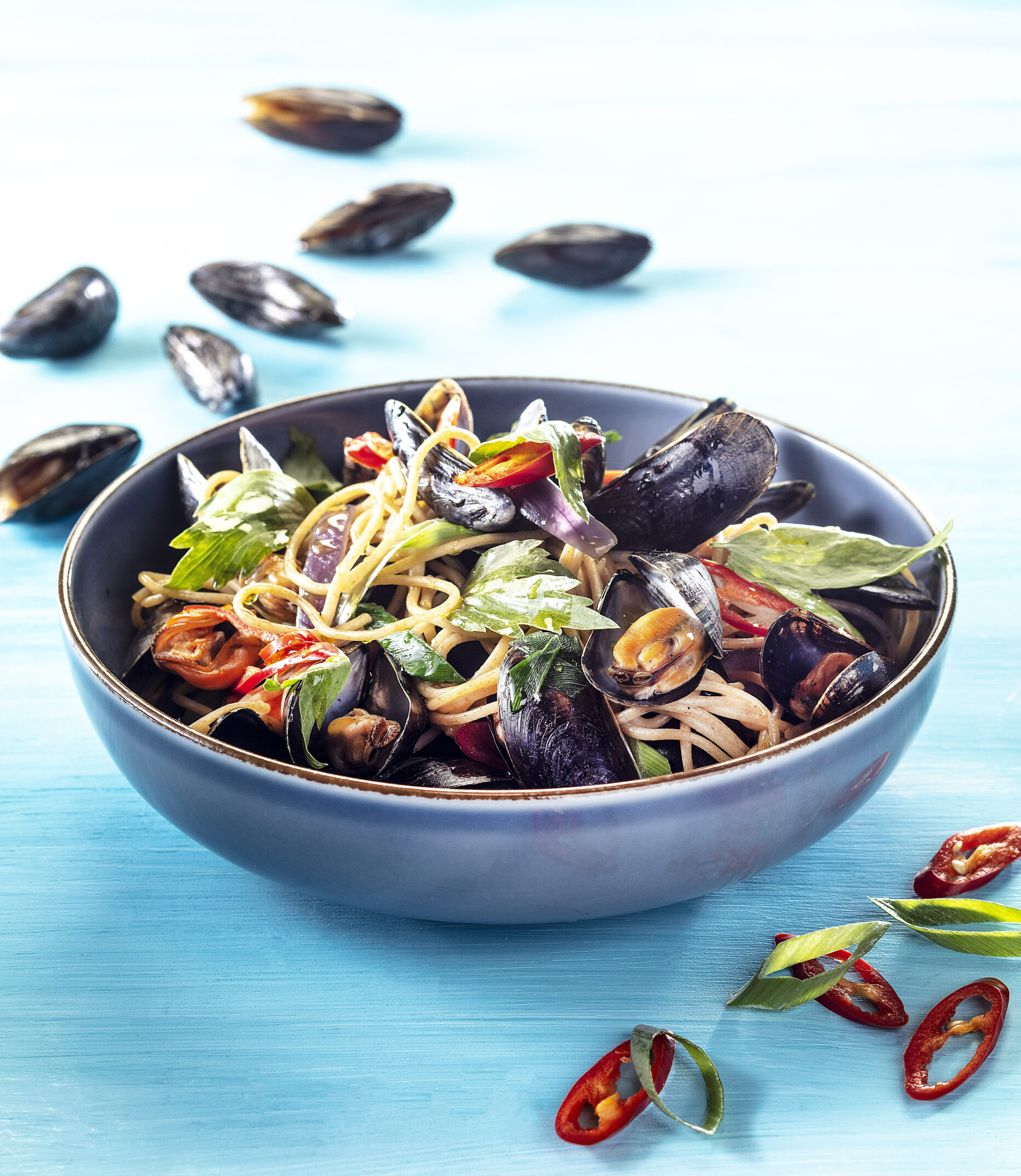 Spaghetti met gebakken mosselen